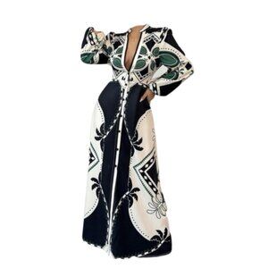 NEW Paisley Print V-Neck Lantern Sleeve Waist Dress in White / Black Size S NWOT